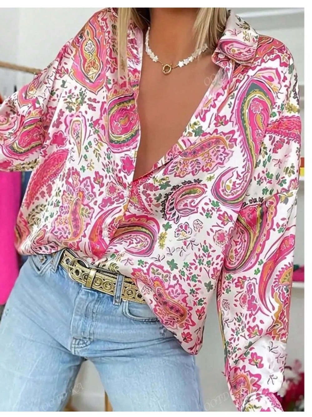 Boho Plus Size Pink Paisley Floral Print Button Down Up Shirt Blouse Top Pink